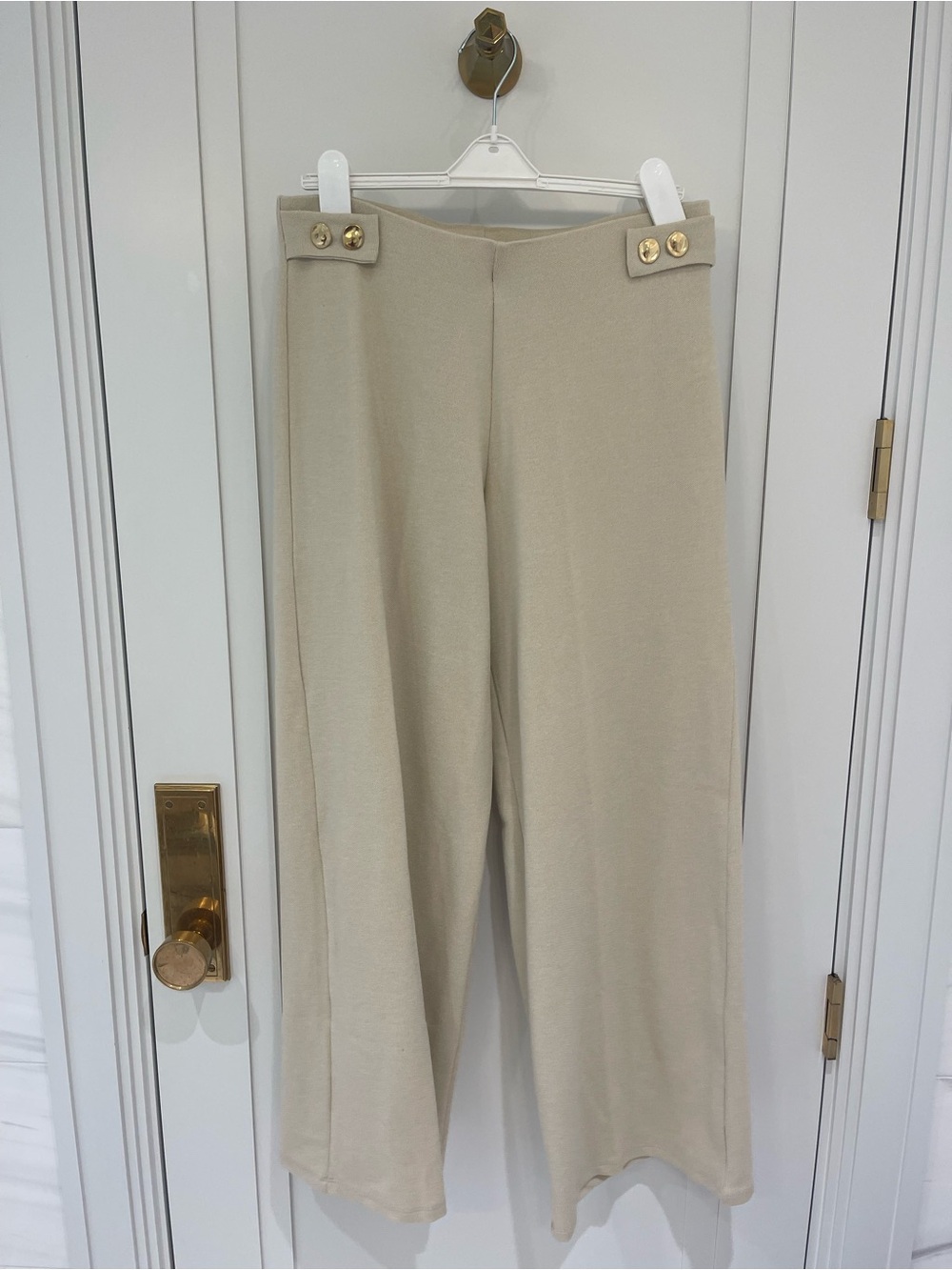 Zara Cream Wide-Leg Knit Pants with Gold Button Accents